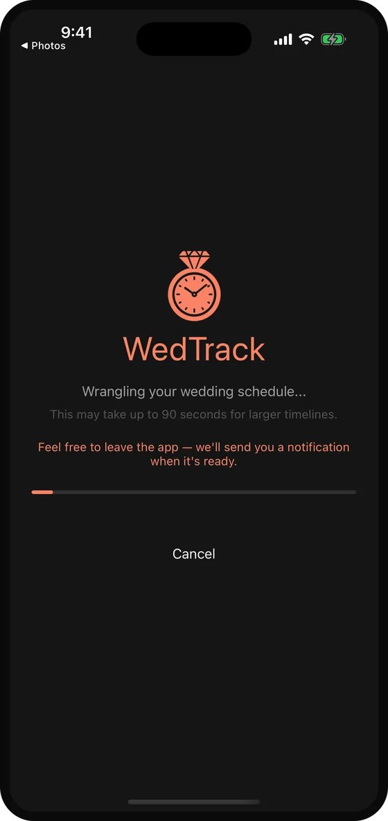 WedTrack analyzing an imported wedding schedule
