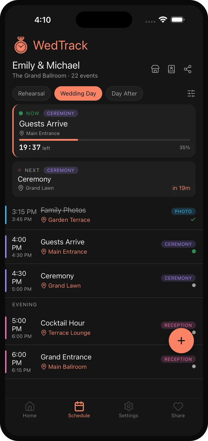 WedTrack schedule screen showing a live wedding day timeline