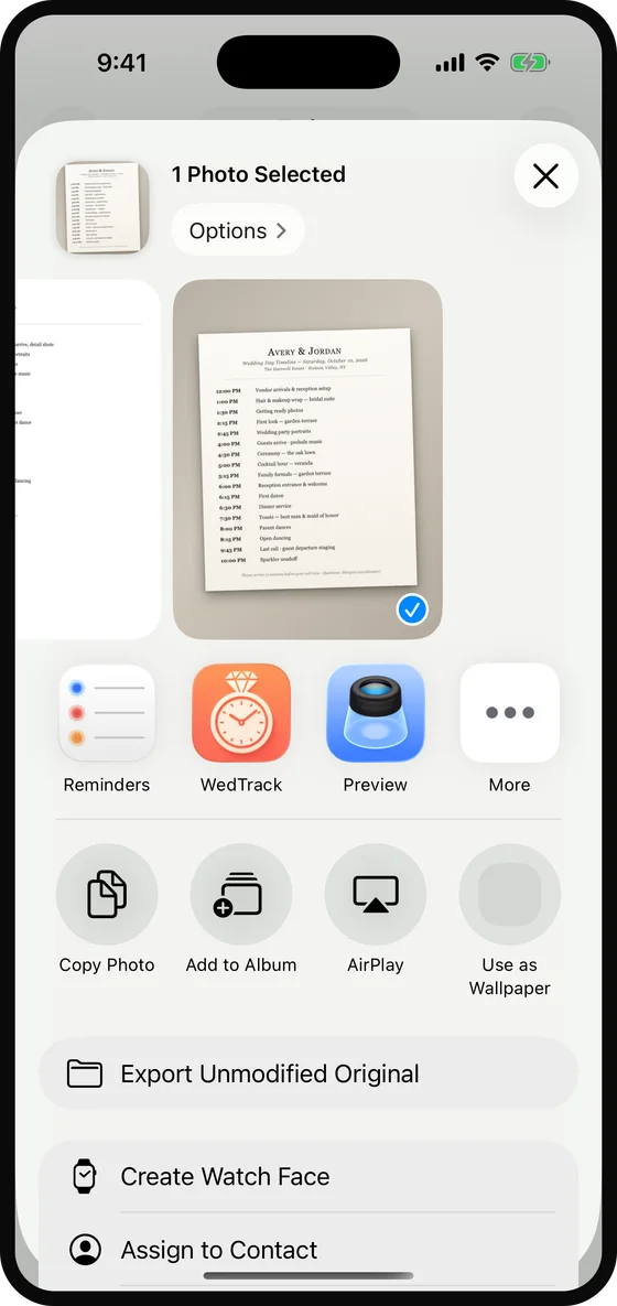 iOS share sheet sending a photographed wedding timeline to WedTrack